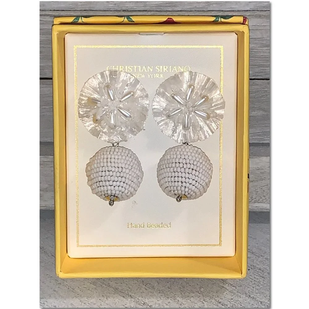 Christian Siriano Hand Beaded White Ball Bauble Dangle Earrings New In Box